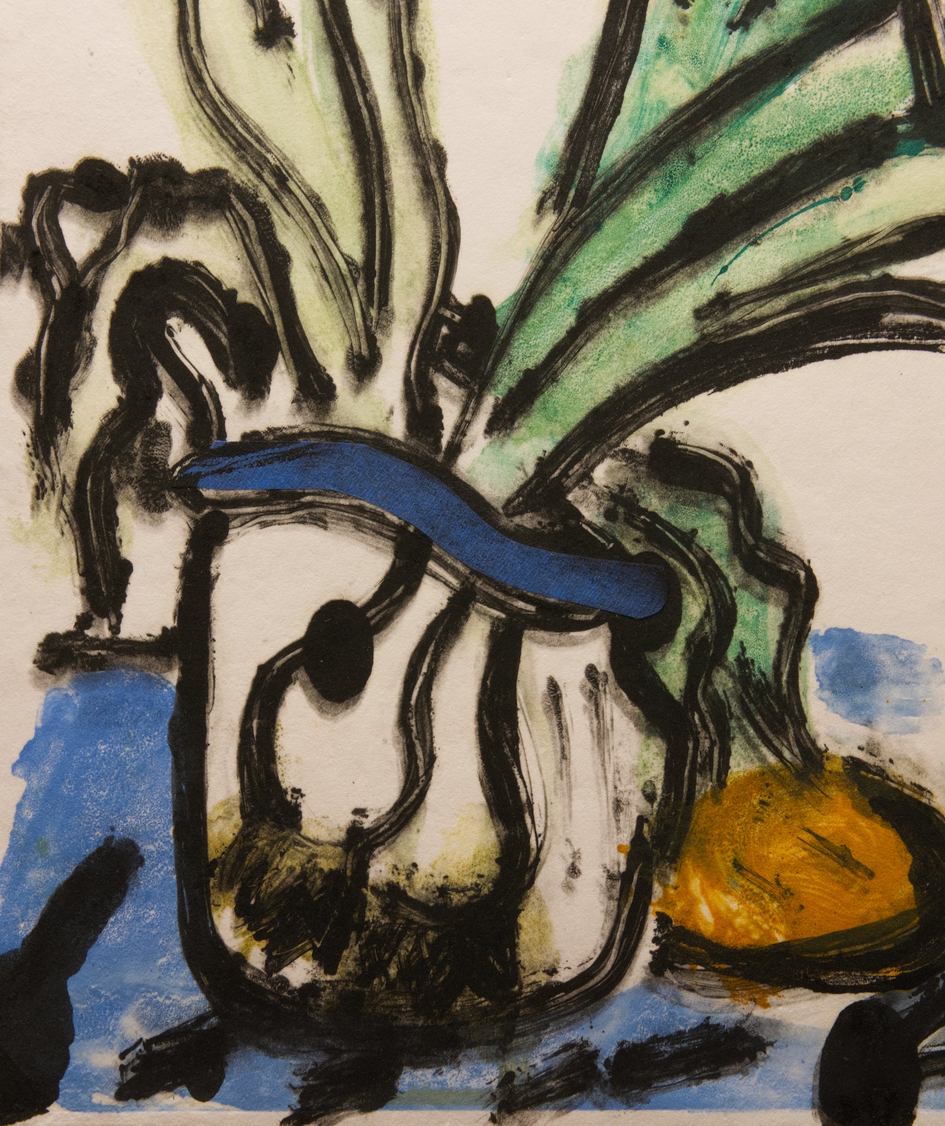 Abstract artwork with a blue object, green plant, and yellow fruit on a white background