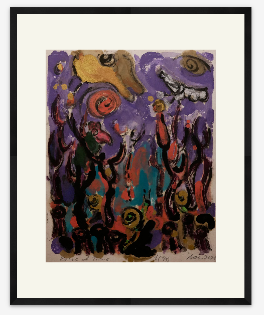 Abstract artwork with vibrant colors and figures on a white background