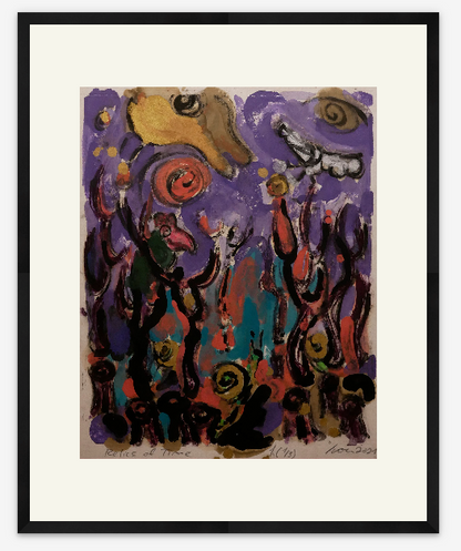 Abstract artwork with vibrant colors and figures on a white background