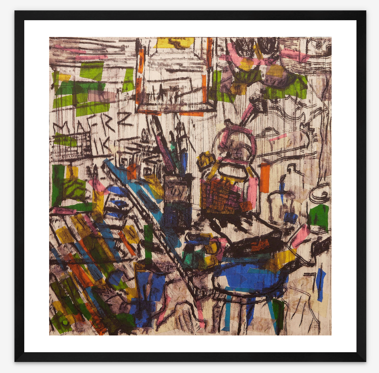 Abstract artwork with colorful lines and shapes on a textured background