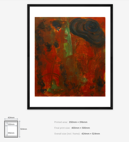 Framed abstract artwork with dimensions displayed