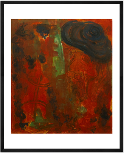 Abstract art with red, green, and black colors on a white background
