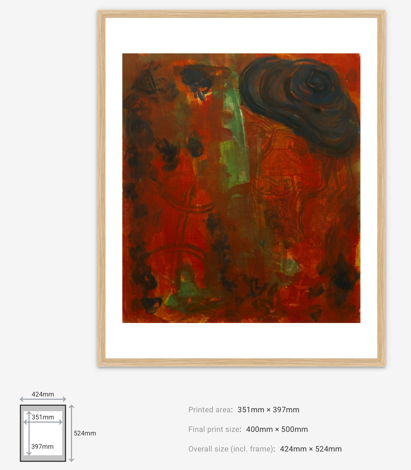 Framed abstract art with dimensions displayed