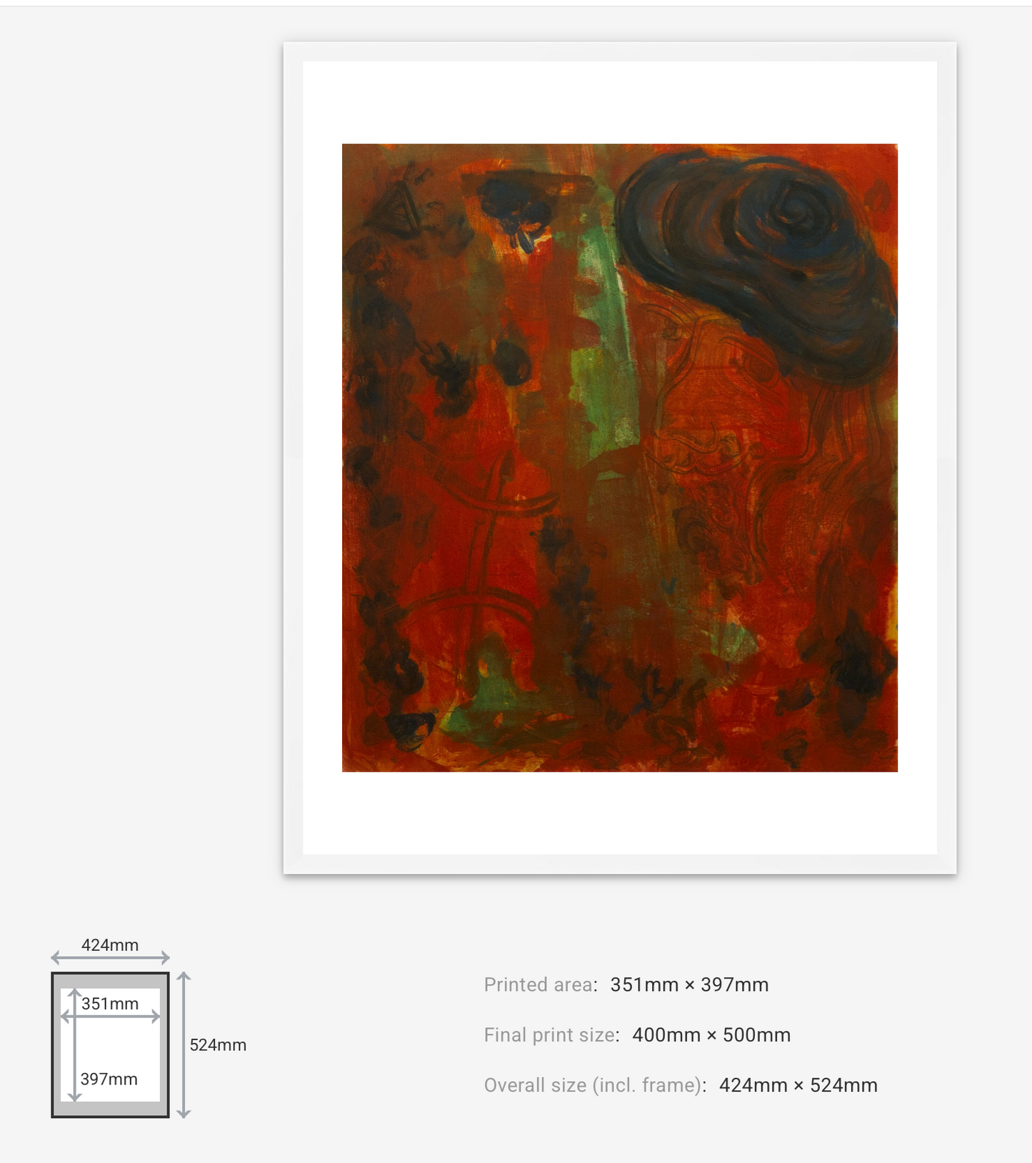 Abstract painting with a white frame and dimensions displayed.