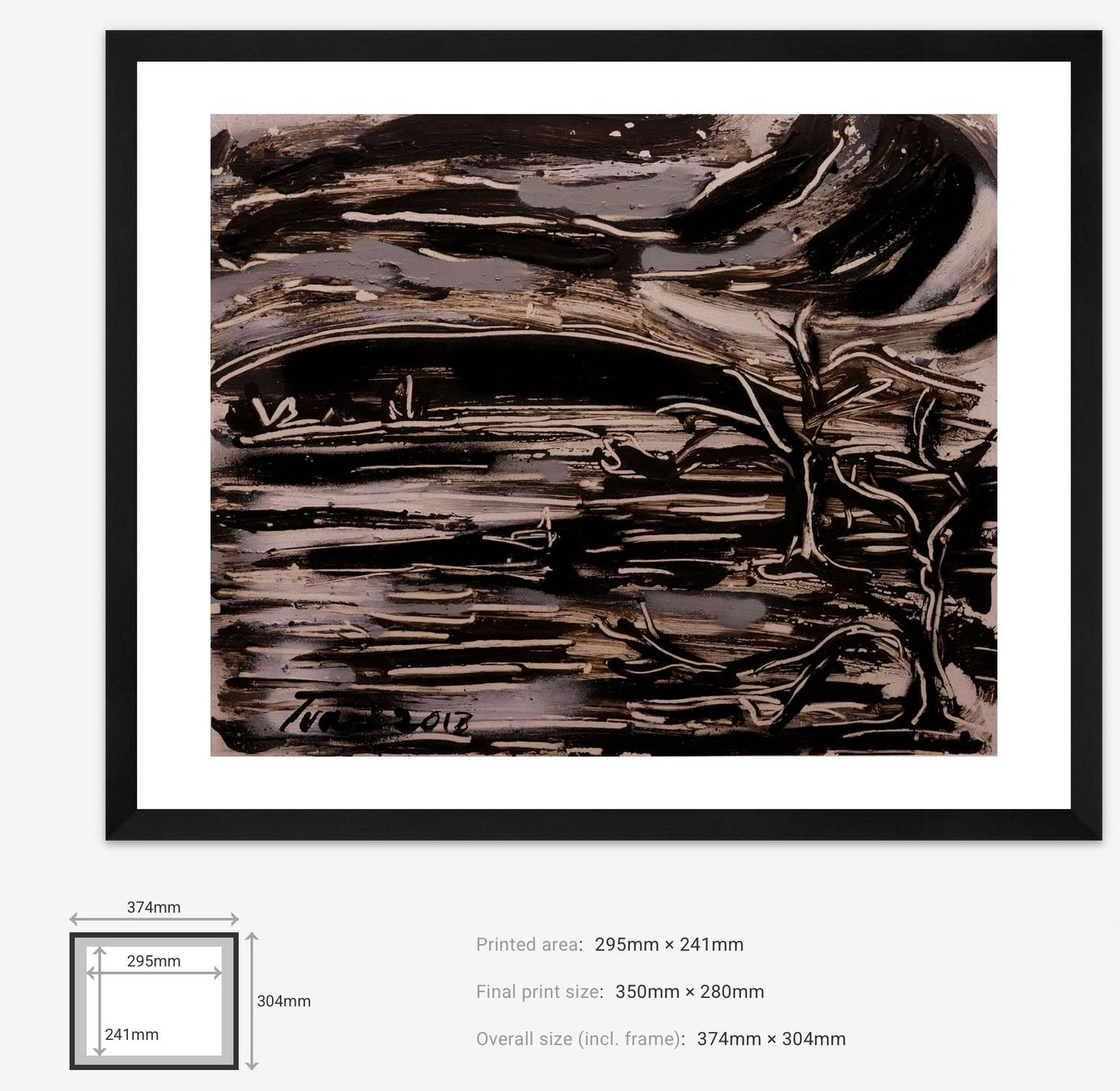 Framed black and white abstract artwork with dimensions displayed below.