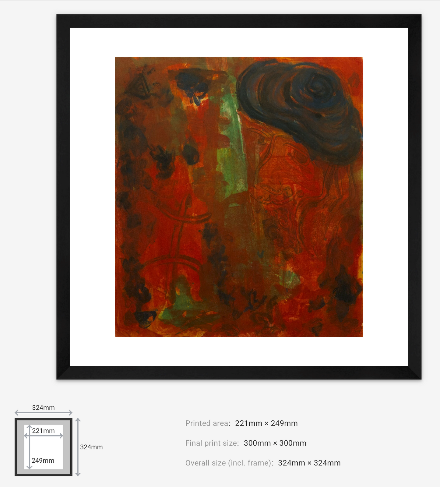 Framed abstract art print with dimensions displayed