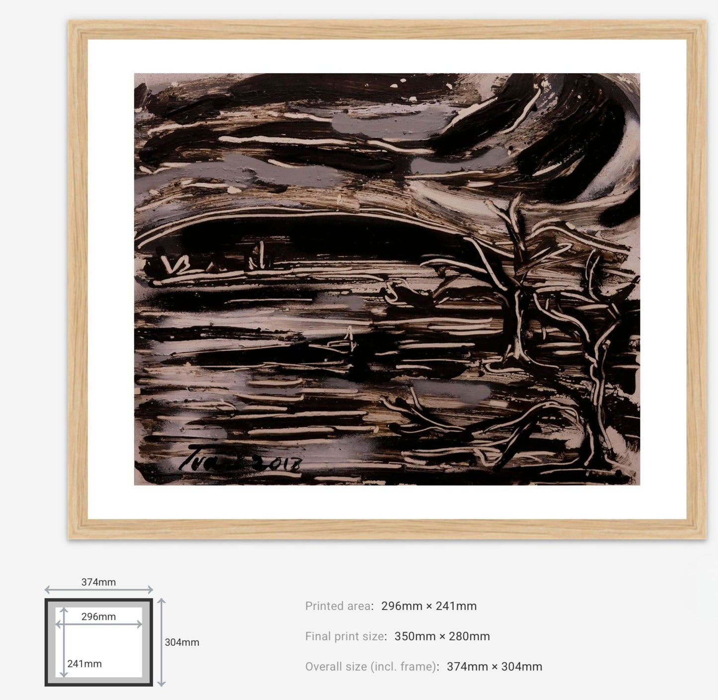 Framed monochromatic landscape  artwork with dimensions displayed
