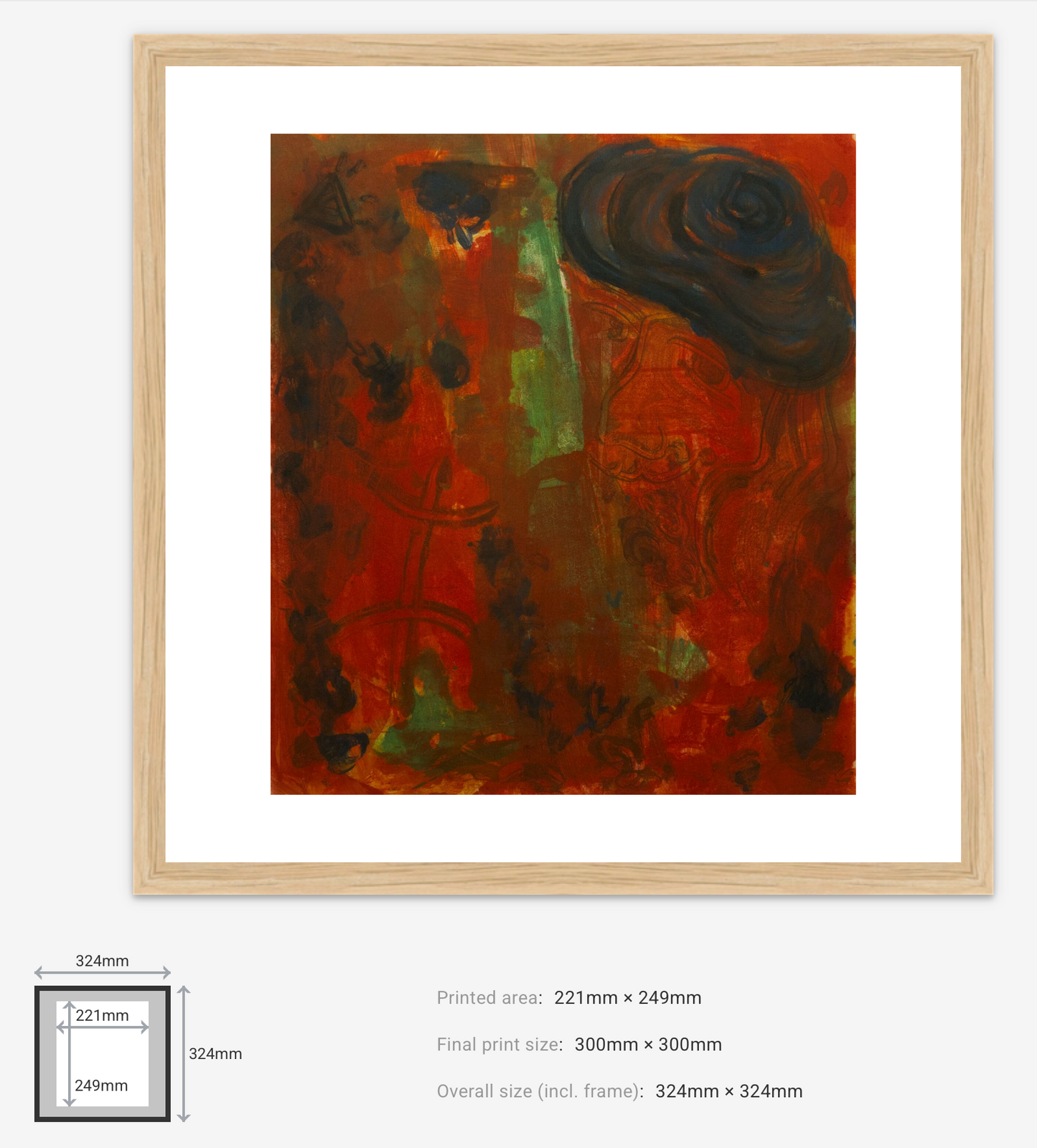 Framed abstract art print with dimensions displayed