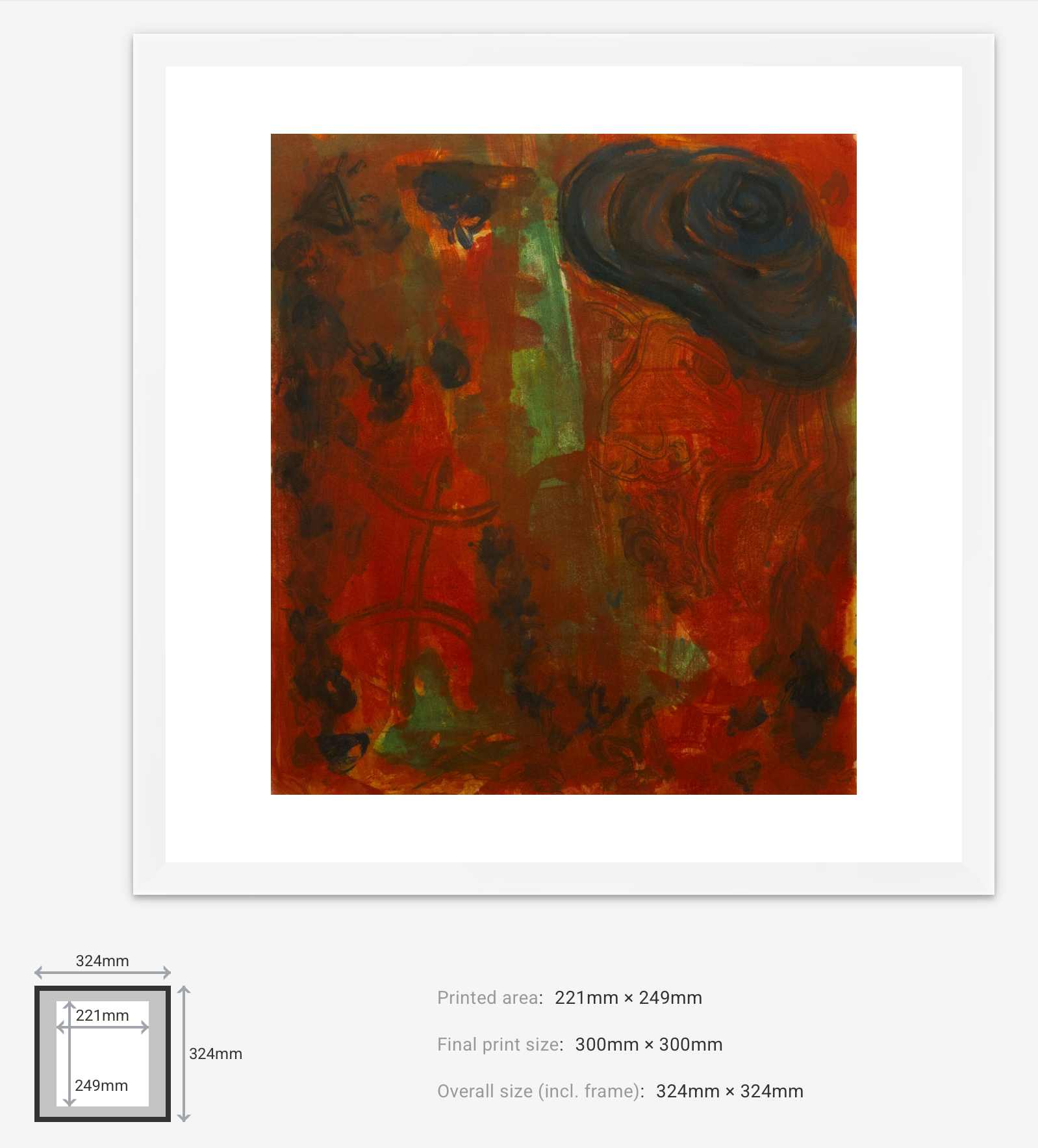 Abstract artwork with a white border and dimensions displayed.
