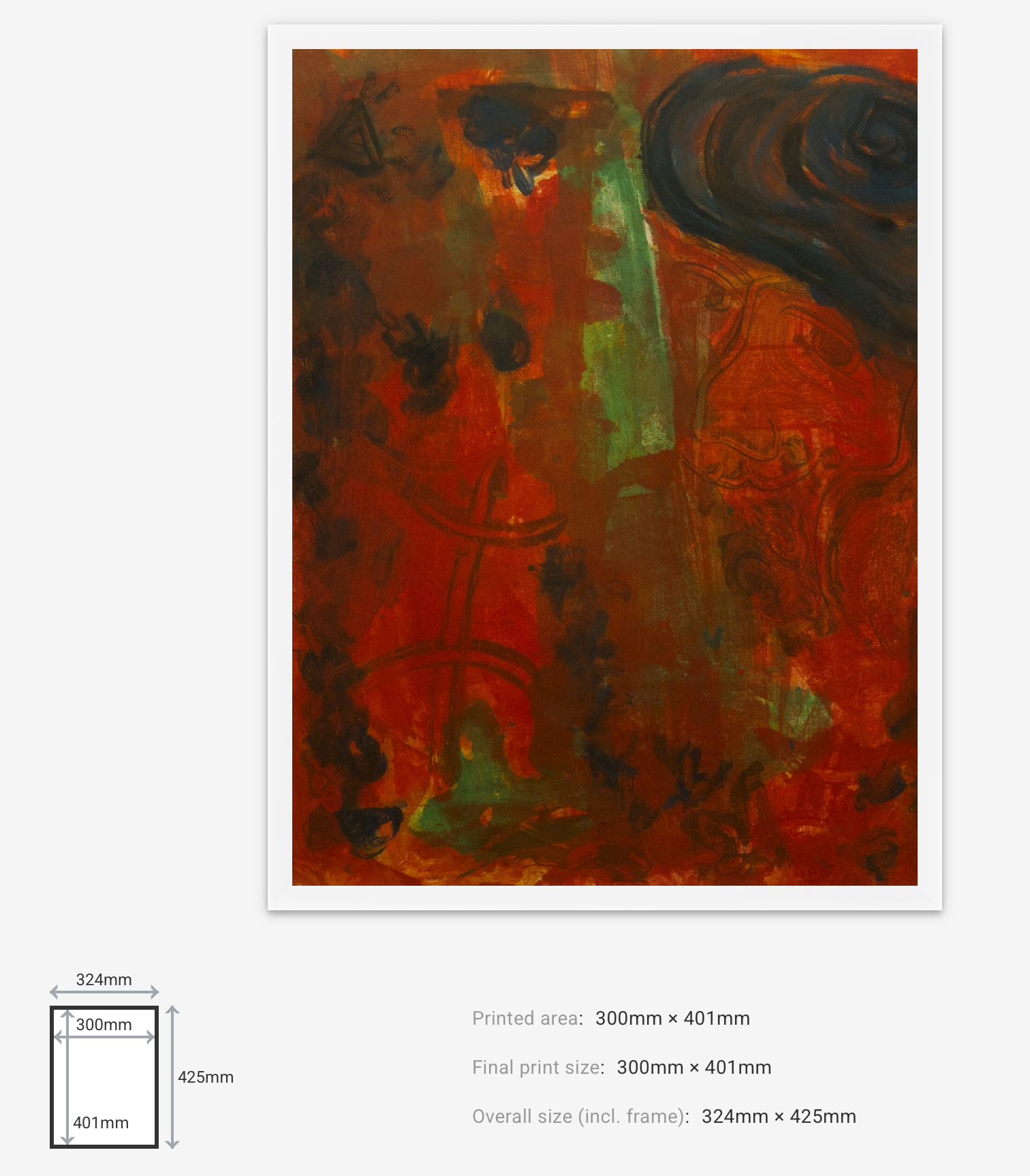 Abstract art print with dimensions displayed on a white background