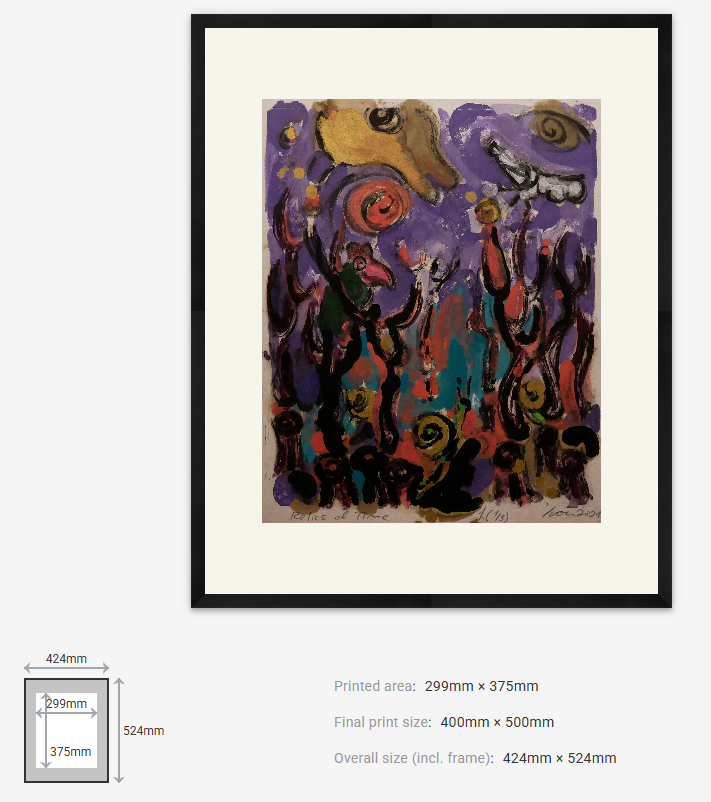 Framed abstract artwork with dimensions displayed
